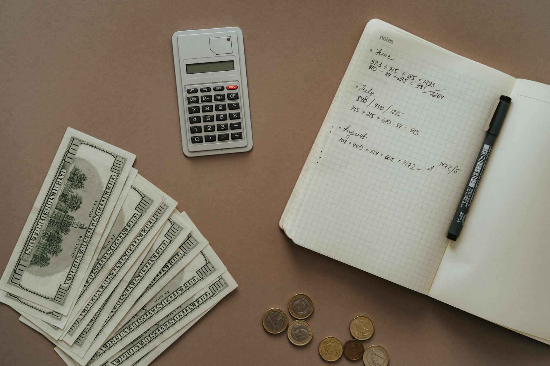 Notebook with handwritten monthly totals, a calculator, banknotes and coins on a brown surface